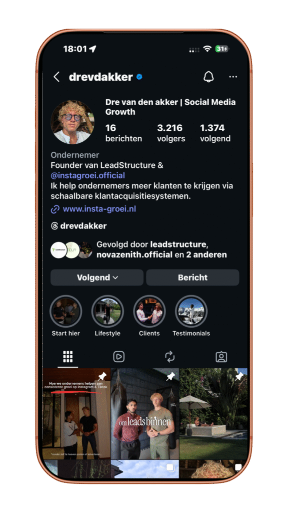 Instagram profiel van Dre van den Akker, founder van LeadStructure en InstaGrow
