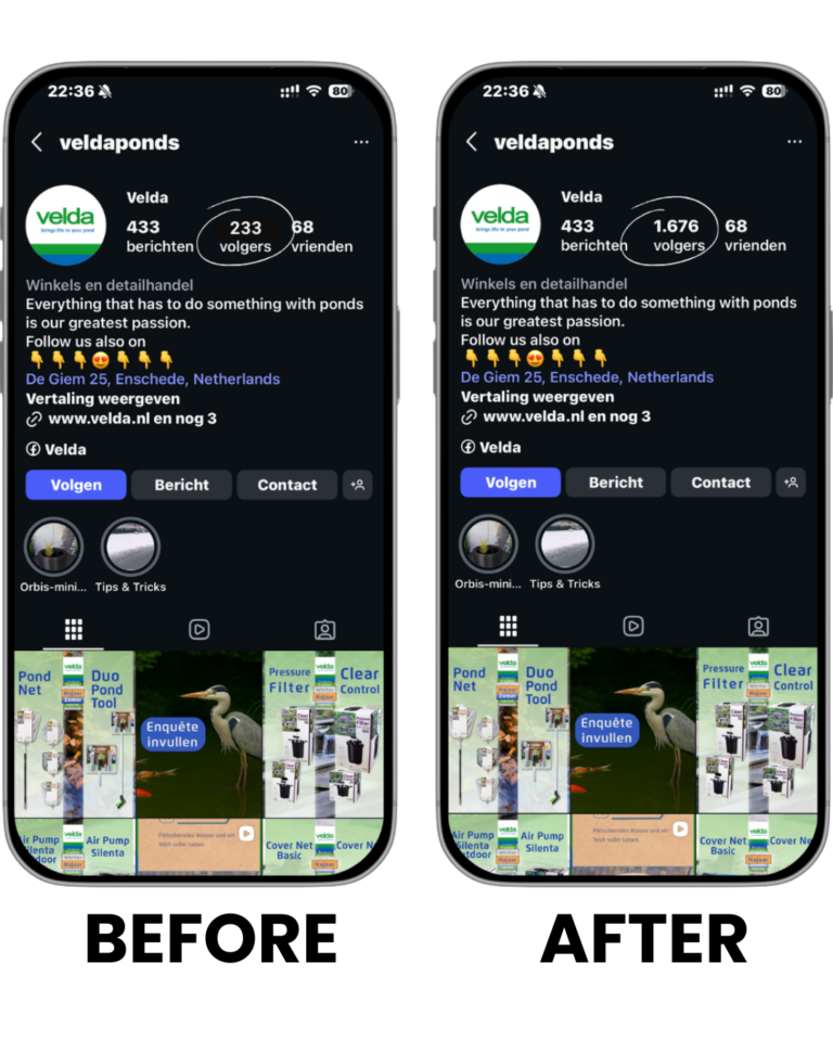 Meer instagram volgers. Voor en na Instagram groei van Velda Ponds na inzet van InstaGrow