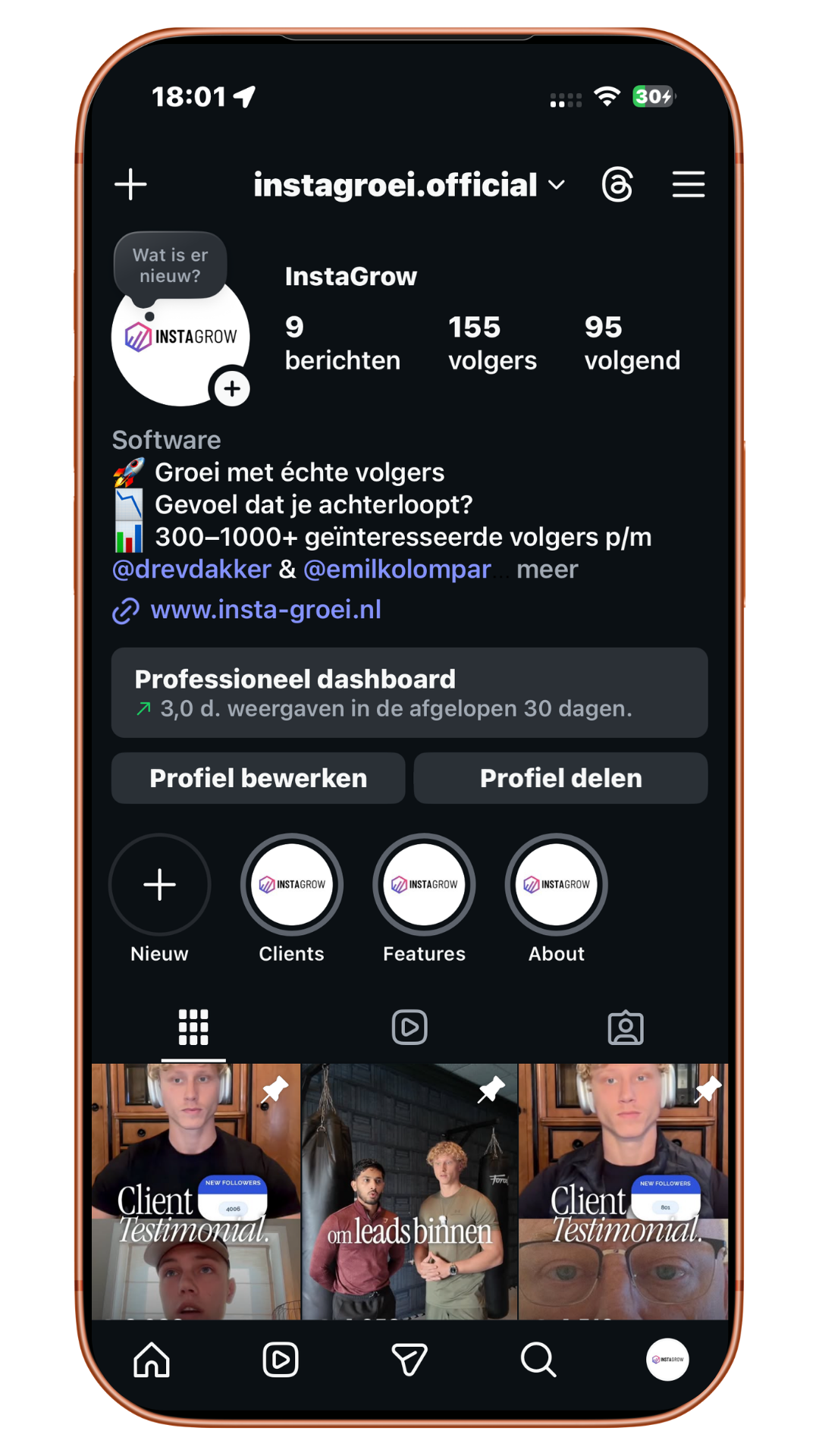 InstaGrow Instagram profiel met professionele bio en dashboard voor organische Instagram groei en meer relevante volgers.