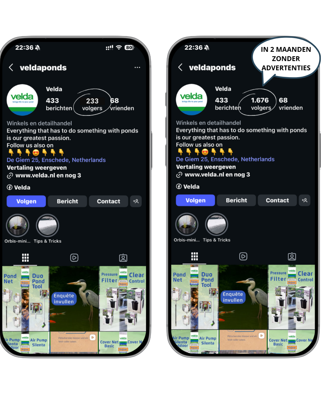 Meer instagram volgers. Voor en na Instagram groei van Velda Ponds na inzet van InstaGrow