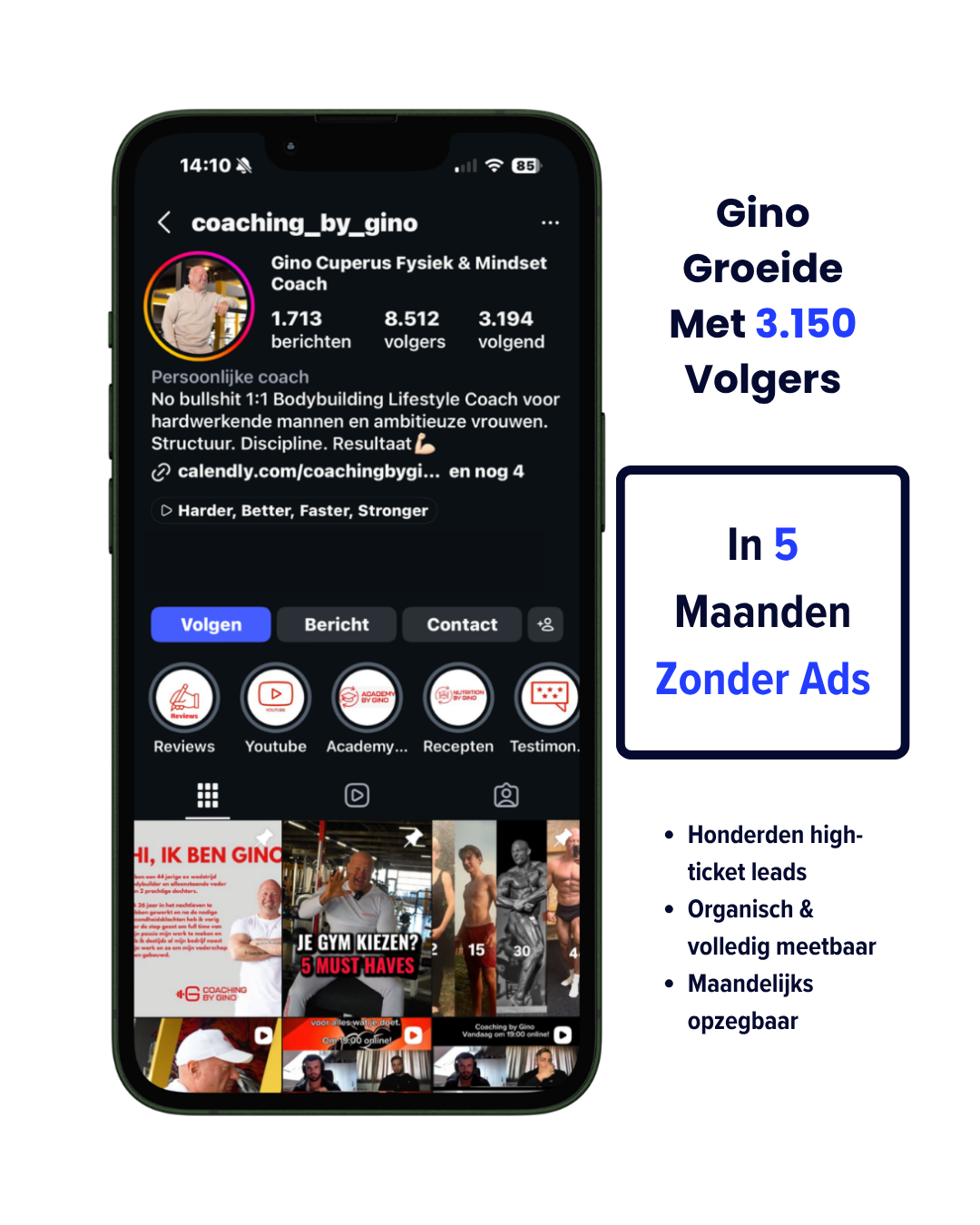 Instagrow resultaat Gino Cuperus – 3.150 nieuwe Instagram volgers in 5 maanden zonder advertenties