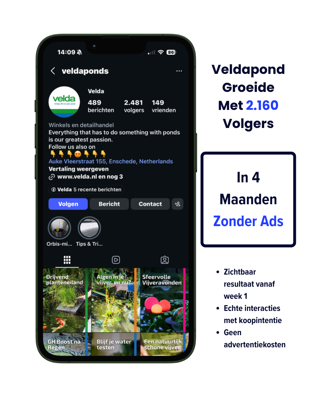 Instagrow resultaat Velda – 2.160 nieuwe Instagram volgers in 4 maanden zonder advertenties