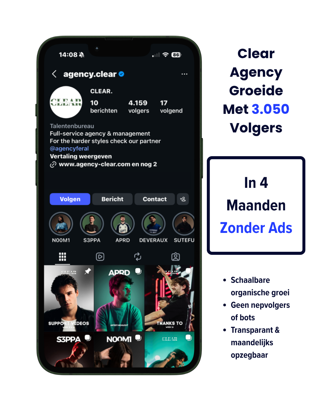 Instagrow resultaat Agency Clear – 3.050 nieuwe Instagram volgers in 4 maanden zonder advertenties