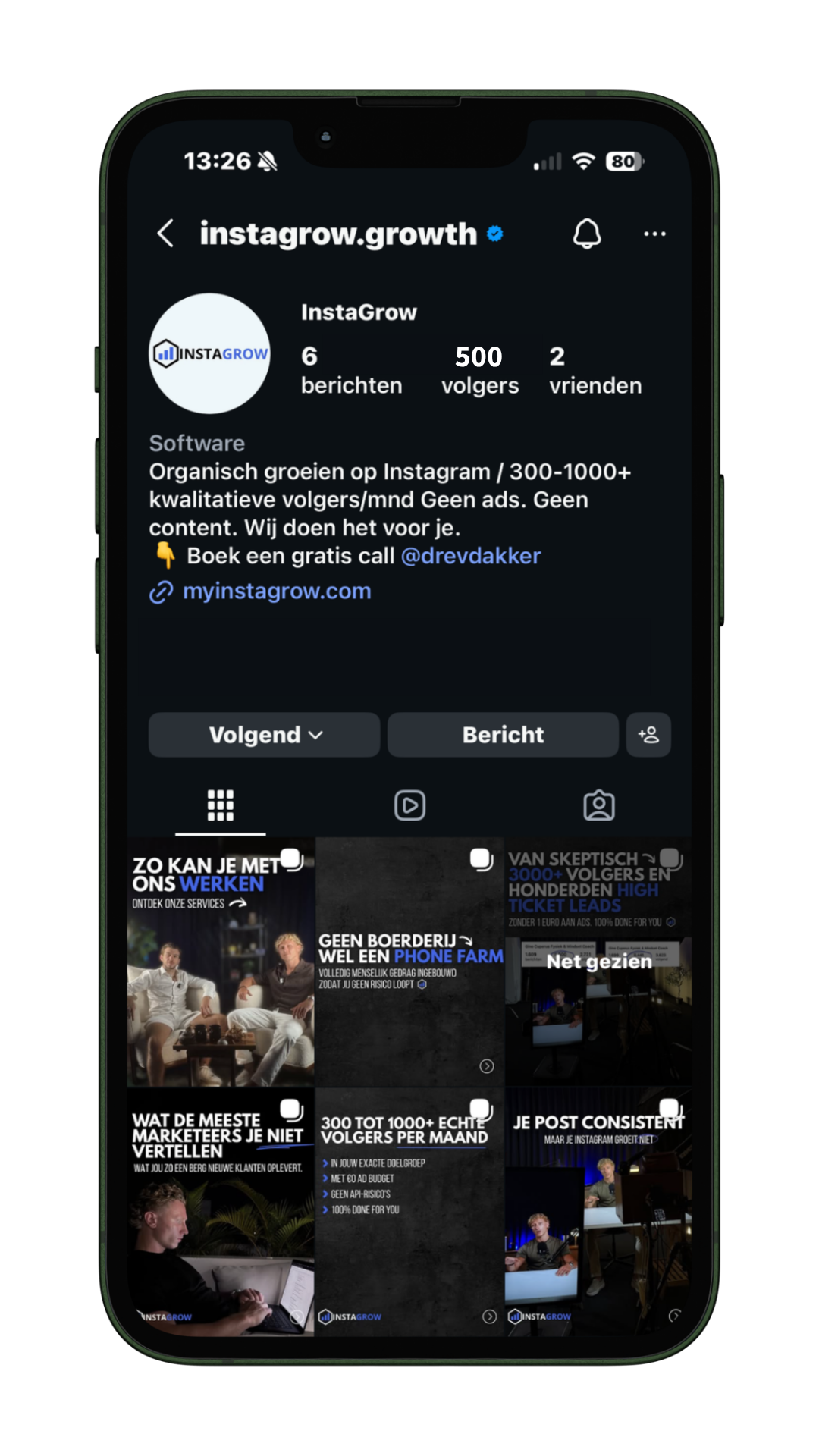 InstaGrow Instagram profiel met professionele bio en dashboard voor organische Instagram groei en meer relevante volgers.